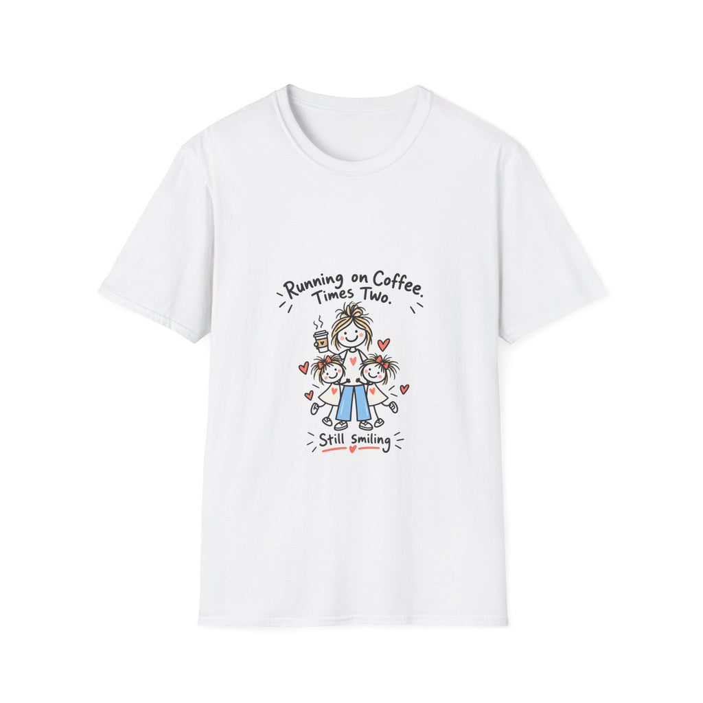 T-Shirt — "Running on Coffee. Times Two." Mom Life Graphic Tee