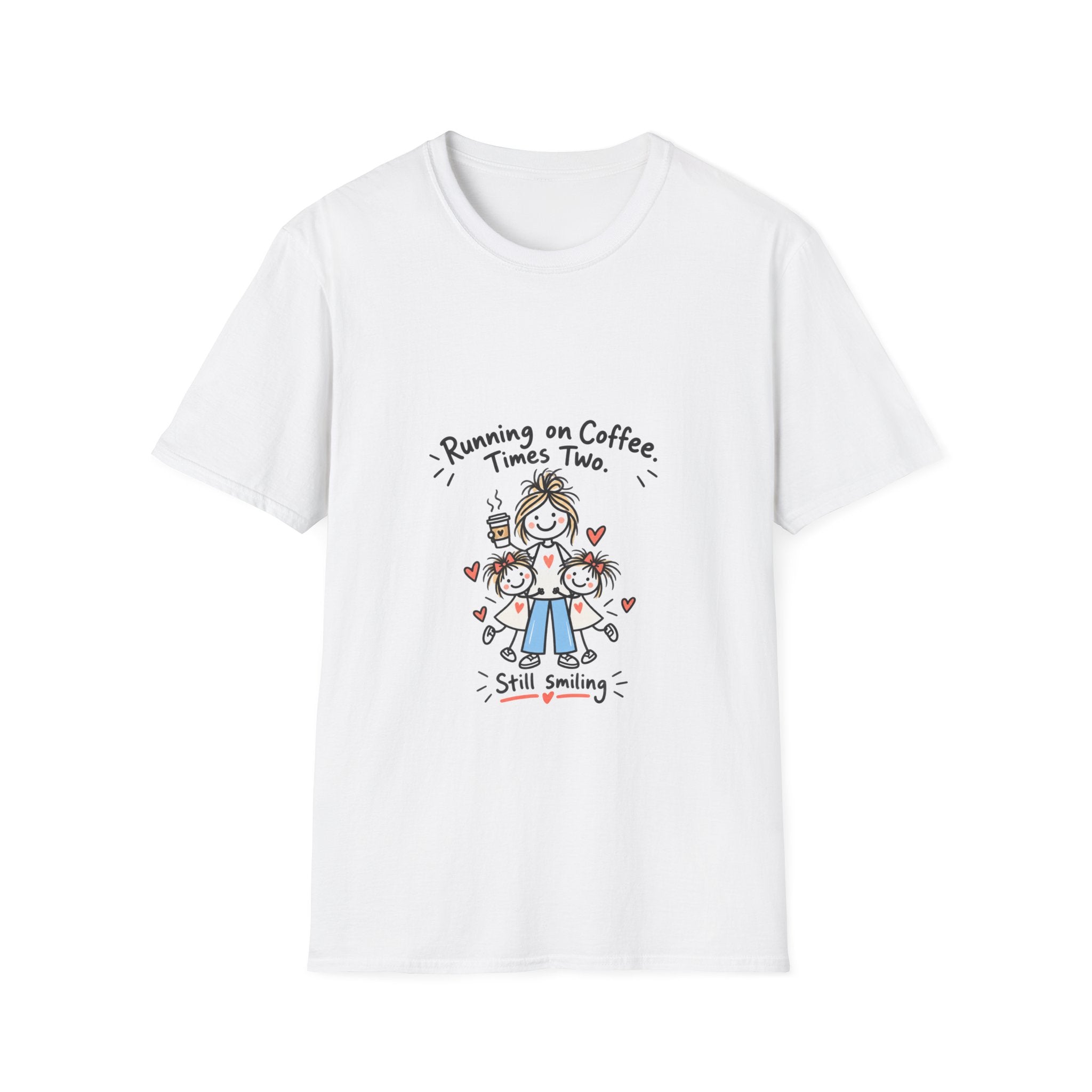 T-Shirt — "Running on Coffee. Times Two." Mom Life Graphic Tee