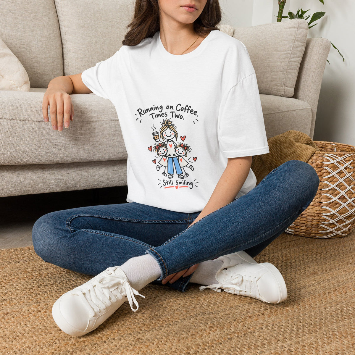 T-Shirt — "Running on Coffee. Times Two." Mom Life Graphic Tee