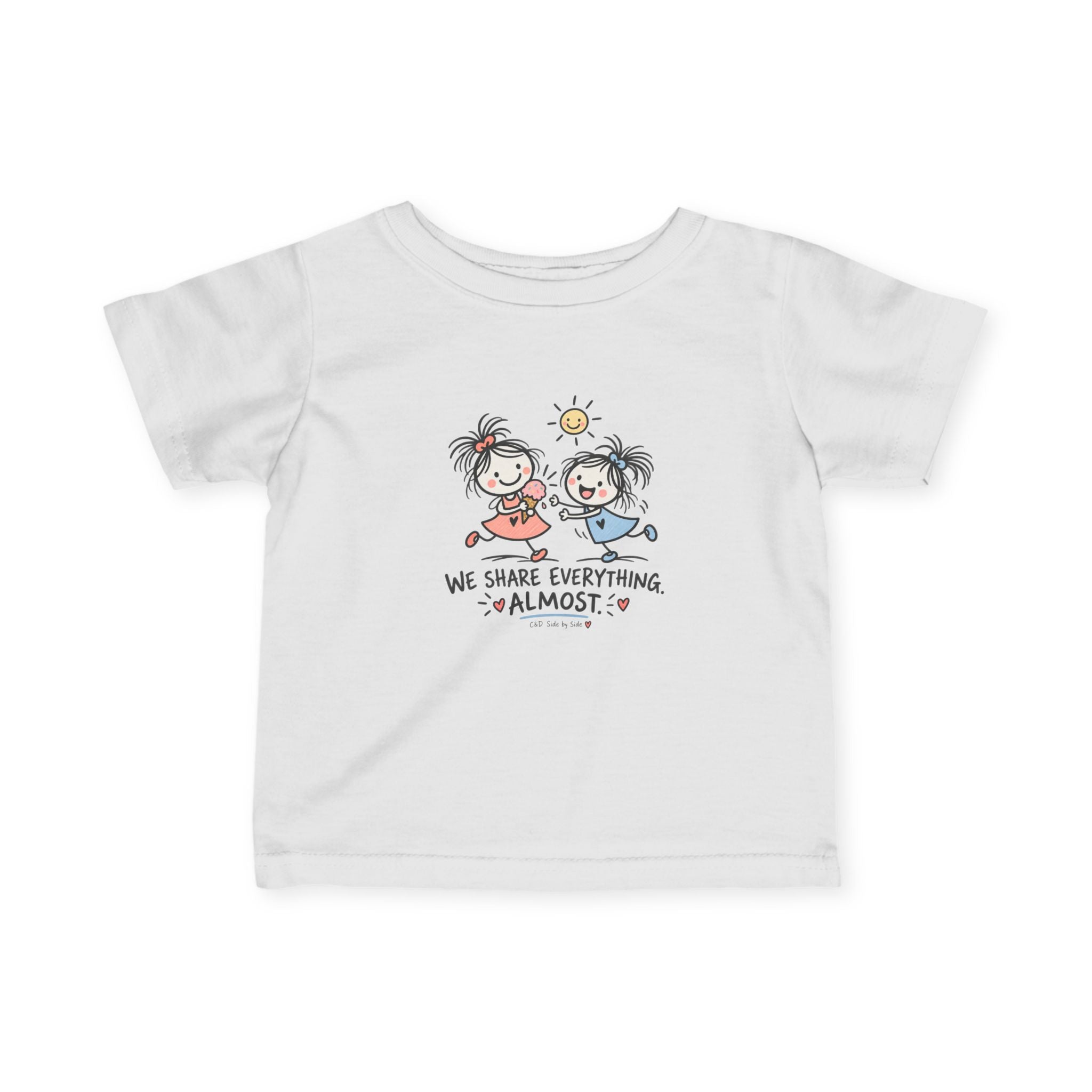 Infant Tee – 'We Share Everything... Almost' Cute Sibling Cartoon Shirt